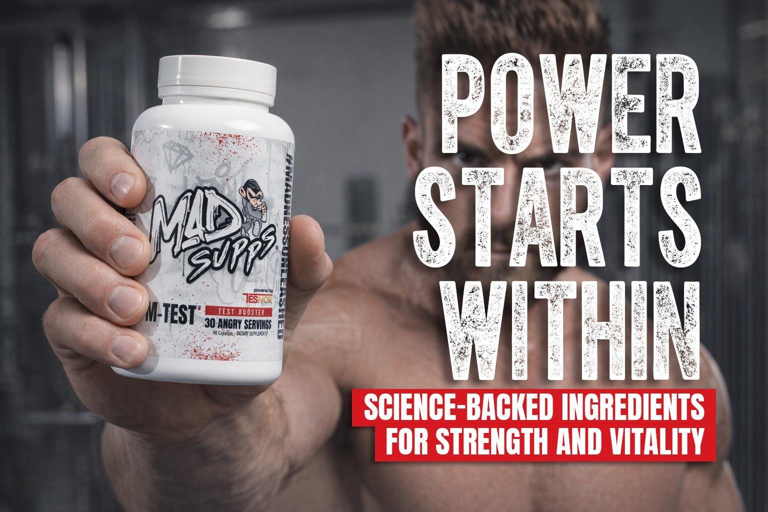 Man holds a white dietary supplement bottle toward the camera in a gym with bold 'POWER STARTS WITHIN' text to the right.