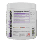 White plastic supplement bottle showing a bold 'Supplement Facts' panel and nutrition details on a purple-framed label.