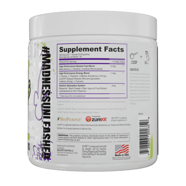White plastic supplement bottle showing a bold 'Supplement Facts' panel and nutrition details on a purple-framed label.