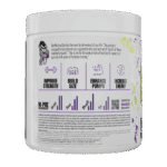 White plastic supplement jar with a purple-themed label, featuring a cartoon mascot and warning text for a pre-workout formula (M-PRE).