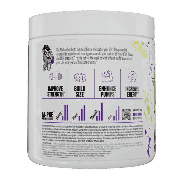 White plastic supplement jar with a purple-themed label, featuring a cartoon mascot and warning text for a pre-workout formula (M-PRE).